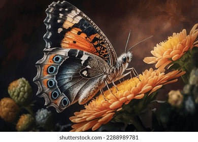 Hand drawn beautiful watercolor butterfly sitting on flower