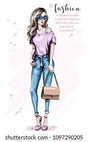 Hand drawn beautiful woman with bag. Fashion woman look. Stylish blond hair girl in sunglasses. Pretty lady. Sketch.