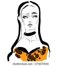 Hand drawn beautiful woman face sketch. Stylish girl look fashion illustration.