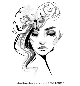 Hand drawn beautiful woman face with closed eyes sketch. Stylish girl look black and white fashion illustration.