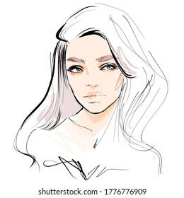 Hand drawn beautiful woman face portrait sketch. Stylish girl look fashion illustration. Make up beauty banner.