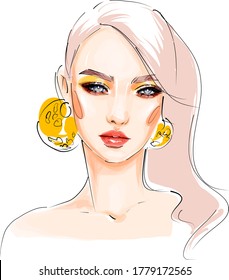 Hand drawn beautiful woman face portrait sketch. Stylish girl look fashion illustration. Make up beauty banner.