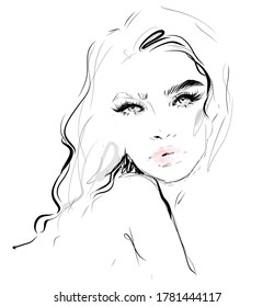 Hand drawn beautiful woman face black and white portrait sketch. Stylish girl look fashion illustration. 