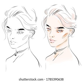 Hand drawn beautiful woman face makeup portrait sketch. Stylish girl look illustration. Fashion coloring page. Natural  beauty banner. Shiny lips, mascara, long eyelashes and perfect shape eyebrow.