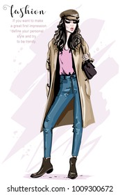 Hand drawn beautiful woman in fashion clothes. Stylish lady. Young woman in cap. Fashion model posing. Sketch.