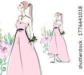 Hand drawn beautiful woman in long pink dress sketch. Stylish girl romantic look with flowers fashion illustration.