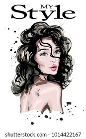 Hand drawn beautiful woman portrait. Cute stylish lady. Sketch. 