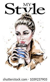 Hand drawn beautiful woman portrait. Fashion woman holding paper coffee cup. Sketch.