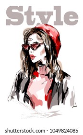 Hand drawn beautiful woman portrait. Fashion woman in red hat. Cute girl with long hair. Sketch.