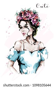 Hand drawn beautiful woman portrait. Fashion lady in flower wreath. Stylish cute girl. Sketch.