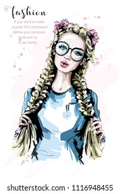 Hand drawn beautiful woman portrait. Fashion blonde hair woman with two braids. Stylish girl in sunglasses. Sketch.