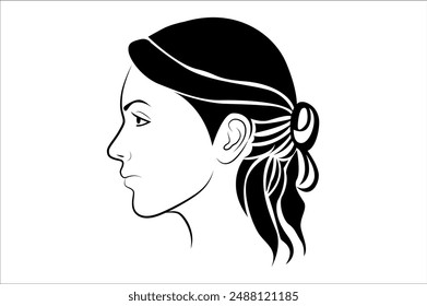 Hand drawn beautiful woman portrait with black hairs isolated on white background - vector illustration
