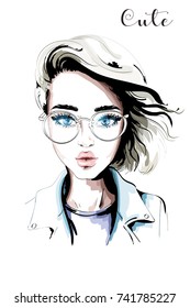 Hand drawn beautiful woman portrait. Fashion woman in eyeglasses. Stylish blond hair girl. Sketch.