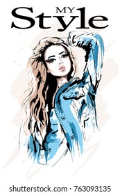 Hand drawn beautiful woman portrait. Stylish woman in jeans jacket. Fashion girl with blond hair. Sketch.