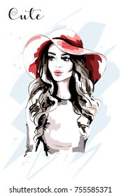 Hand drawn beautiful woman in red hat. Fashion lady. Stylish young woman portrait. Sketch.
