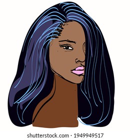 Hand drawn beautiful young African American woman with beautiful hear. Vector illustration