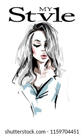 Hand drawn beautiful young blonde hair woman. Stylish elegant girl. Fashion woman portrait. Sketch.