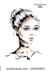 Hand drawn beautiful young blonde hair woman. Stylish female face. Fashion woman. Sketch. Vector illustration.