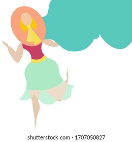 Hand drawn beautiful young lady with turquoise fluttering hair. Pretty isolated girl with beige hat and light blue skirt. Cute ballerina dancing on white background. Amazing flat design woman vector.