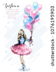 Hand drawn beautiful young woman with colorful balloons. Fashion blond hair woman. Stylish girl. Sketch.