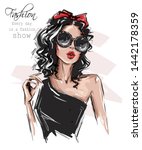 Hand drawn beautiful young woman in sunglasses. Stylish girl with bow on her head. Fashion woman look. Sketch. Vector illustration.