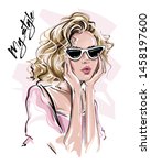 Hand drawn beautiful young woman in sunglasses. Stylish blonde hair girl. Fashion woman look. Sketch. Vector illustration.