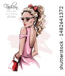 Hand drawn beautiful young woman in sunglasses. Stylish girl with bag. Fashion woman look. Fashion girl with bow on her head. Sketch. Vector illustration.