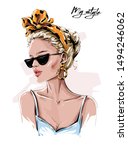 Hand drawn beautiful young woman in sunglasses. Stylish girl in headband with leopard print. Fashion woman look. Sketch. Vector illustration.