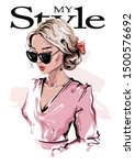 Hand drawn beautiful young woman in sunglasses. Stylish girl with bow in her hair. Fashion woman look. Sketch. Vector illustration.