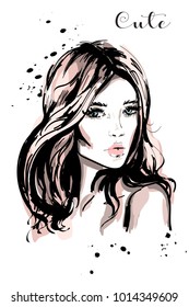 Hand drawn beautiful young woman with long hair. Stylish cute girl. Fashion woman portrait. Sketch.