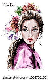 Hand Drawn Beautiful Young Woman Portrait. Fashion Woman. Cute Girl With Flowers. Sketch.