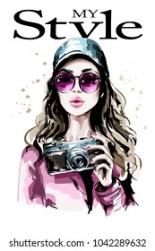 Hand drawn beautiful young woman portrait. Fashion woman in stylish cap. Cute girl with photo camera. Sketch.