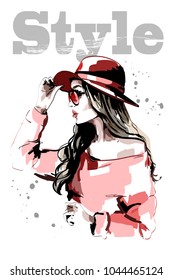 Hand drawn beautiful young woman in red hat. Fashion woman. Stylish lady portrait. Sketch. Vector illustration.