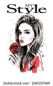 Hand drawn beautiful young woman portrait. Fashion woman with red rose. Sketch.