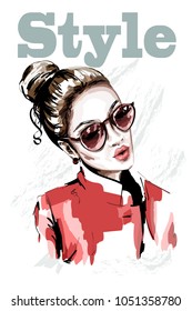 Hand drawn beautiful young woman portait. Fashion woman in sunglasses. Stylish girl in red jacket. Sketch.