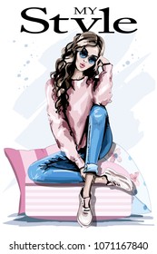 Hand drawn beautiful young woman sitting on soft pillows. Fashion woman in sunglasses. Stylish outfit. Sketch. 