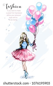 Hand drawn beautiful young woman with colorful balloons. Fashion blond hair woman. Stylish girl. Sketch.