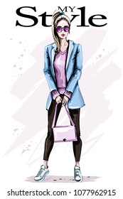 Hand drawn beautiful young woman with bag. Fashion blond hair woman. Stylish girl. Sketch.