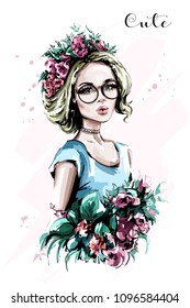 Hand drawn beautiful young woman portrait. Fashion woman in flower wreath. Pretty blond hair girl with flowers. Sketch.