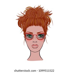 Hand drawn beautiful young woman with glasses on white background. Vector