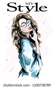 Hand drawn beautiful young woman portrait. Cute blond curly hair girl. Fashion lady. Sketch.