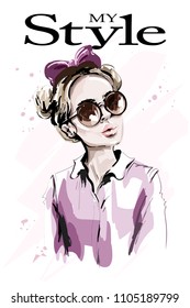 Hand drawn beautiful young woman in sunglasses. Fashion woman with hair bow. Stylish cute girl. Sketch.