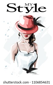 La mano dibujó a una hermosa joven con sombrero rojo. Mujer de moda con pelo rizado. Mujer elegante. Esbozo.