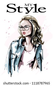 Hand drawn beautiful young woman in eyeglasses. Fashion blonde hair woman. Stylish girl. Sketch.