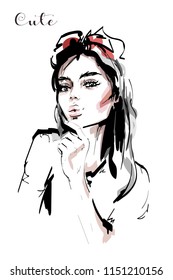 Hand drawn beautiful young woman. Stylish elegant girl portrait. Fashion woman. Sketch.