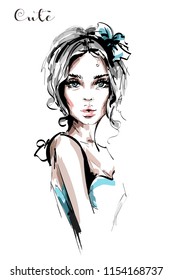 Hand drawn beautiful young woman with bow on her hair. Stylish elegant girl. Fashion woman portrait. Sketch.