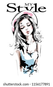 Hand drawn beautiful young woman portrait. Stylish elegant girl in hat. Fashion woman. Sketch.