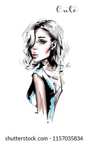 Hand drawn beautiful young woman with blonde hair. Stylish elegant girl. Fashion woman portrait. Sketch.