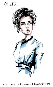 Hand drawn beautiful young woman with curly hair and freckles on her face. Stylish elegant girl. Fashion woman portrait. Sketch.