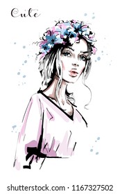 Hand drawn beautiful young woman with flower wreath. Stylish elegant girl. Fashion woman portrait. Sketch.